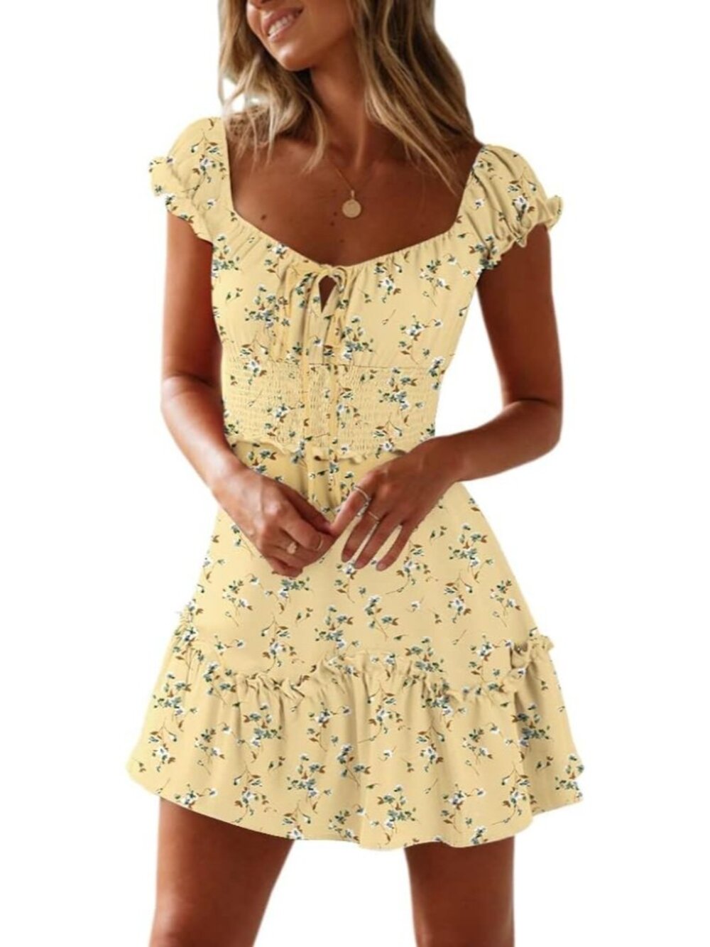 Women's Yellow Summer Ruffle Sleeve Sweetheart Neckline Printing Dress Mini
